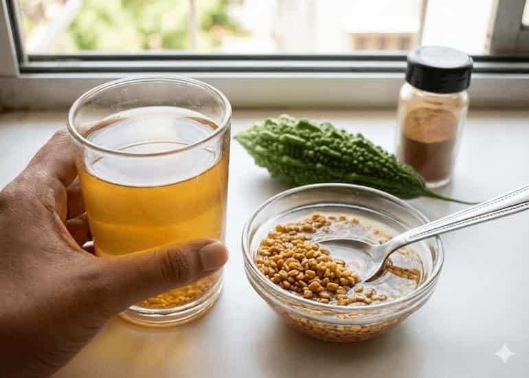 सुबह खाली पेट मेथी का पानी और करेला (Fenugreek water and bitter gourd for diabetes morning routine)