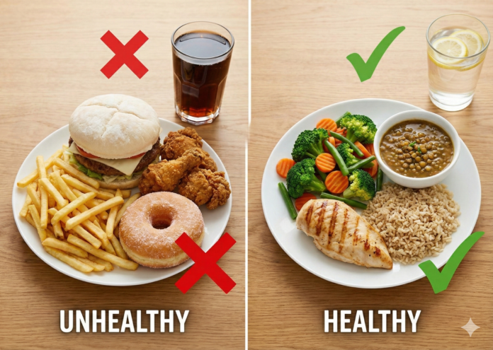 healthy and unhealthy indian diet plate for diabetes control in hindi