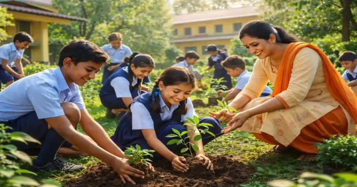 Indian government school students planting trees with a teacher, representing the new Eco Club Funding 2026 for environmental education